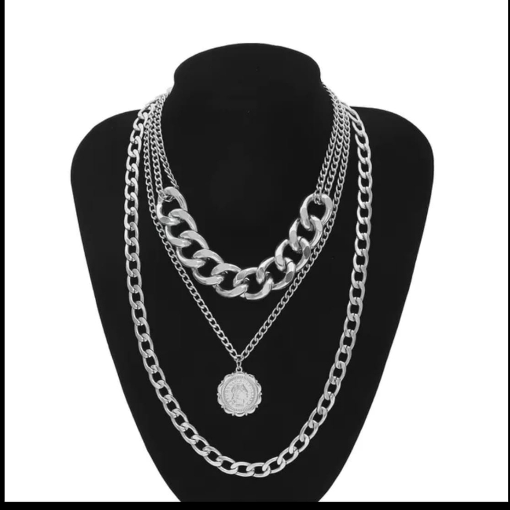 Punk Miami Cuban 3 Layered Chunky Coin Pendant Silver Colored Necklaces